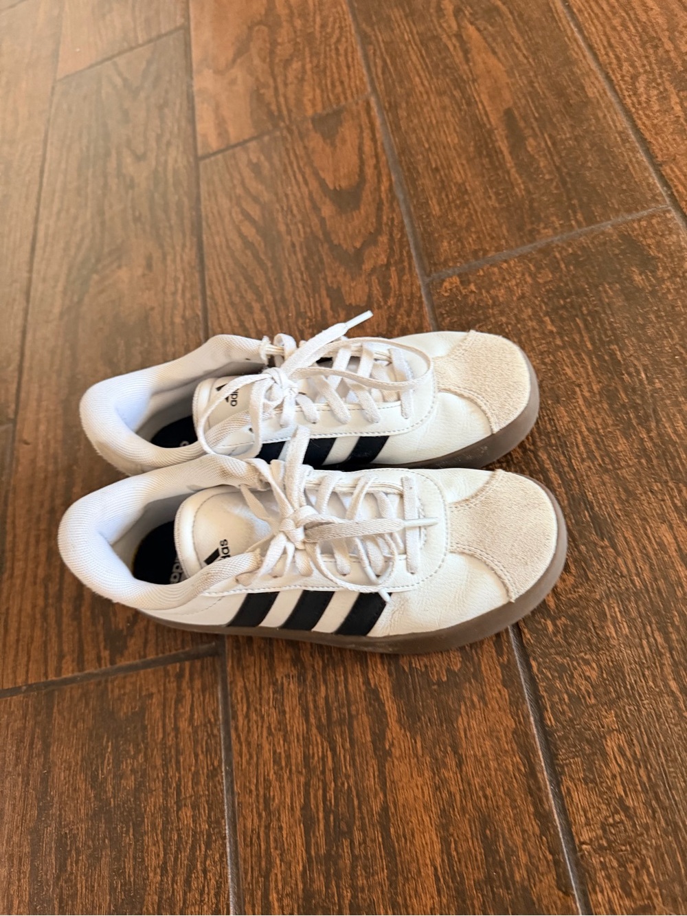 adidas White Sneakers with Black Stripes and Gum Sole